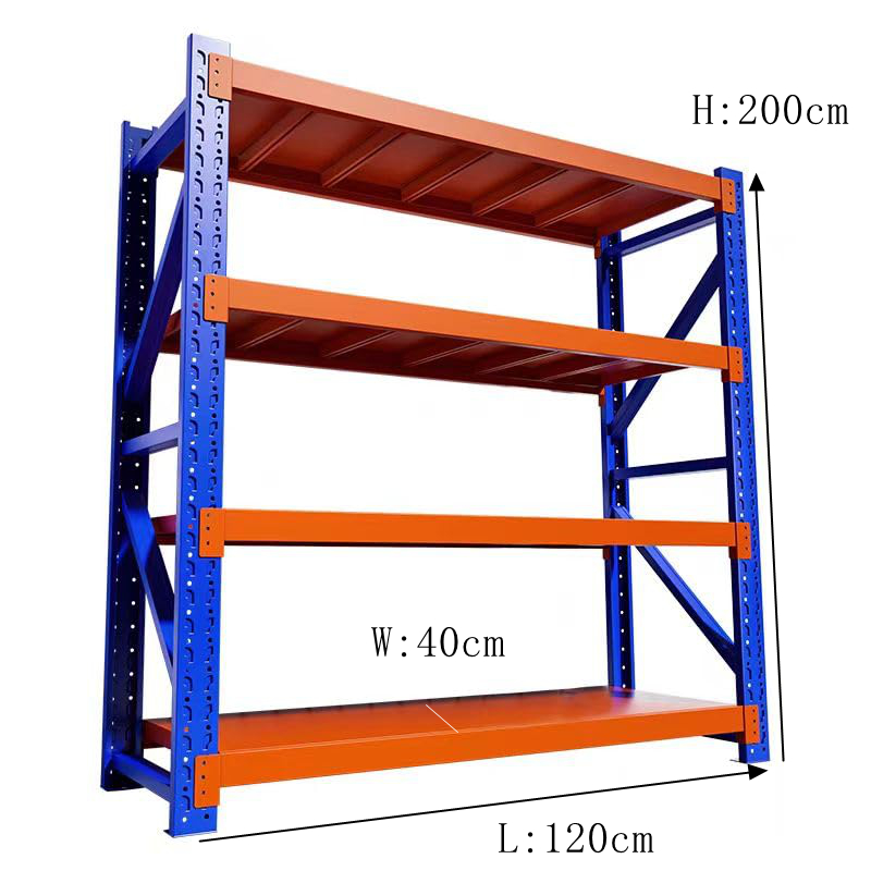 Sistema de estantes de aço reforçado, prateleiras industriais de alta resistência para manuseio de grandes volumes, armazenamento durável em metal.