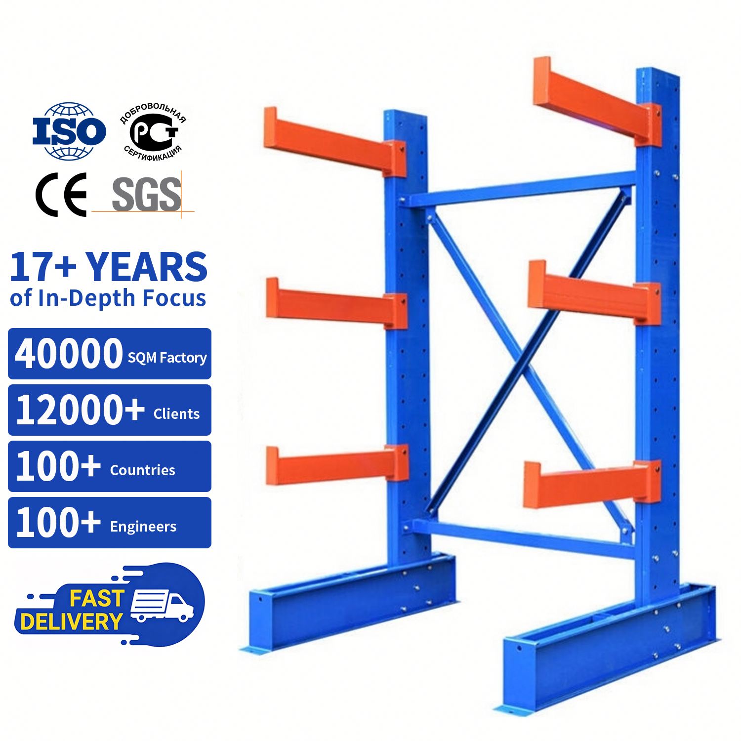 Sistema de estante cantilever resistente e durável, com 4 camadas de metal para armazenamento de tábuas e madeira, em armazéns com estrutura de tubos de aço.