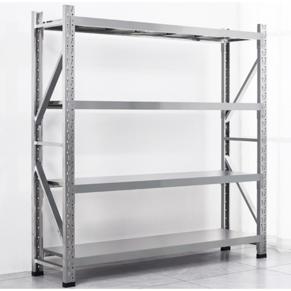 Sistema de estantes de aço reforçado, prateleiras industriais de alta resistência para manuseio de grandes volumes, armazenamento durável em metal.