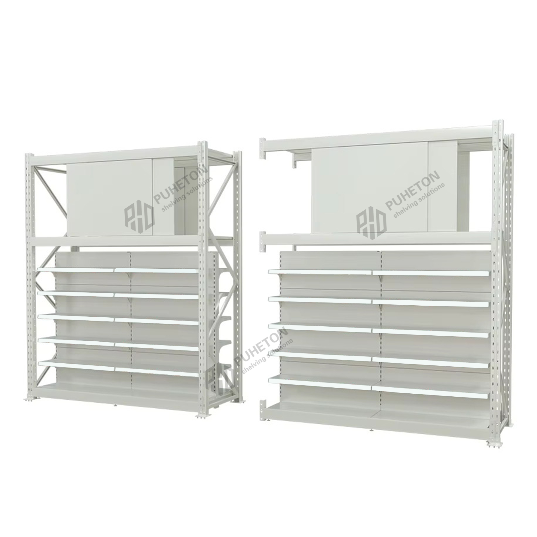 Sistema de estantes de armazenamento de armazém multicamadas, ajustáveis, leves e de dupla face, com capacidade de 150 kg por camada e camadas personalizáveis.