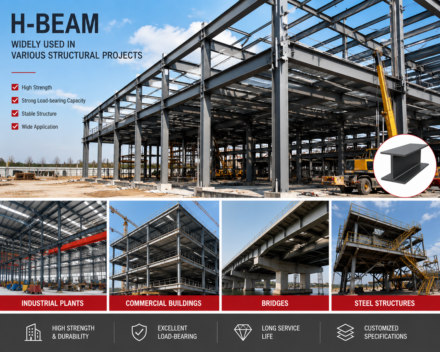Viga H galvanizada S355JR de alta durabilidade para projeto de construção de estrutura de aço de armazém, sistema de suporte de estantes de armazenamento em parque logístico.