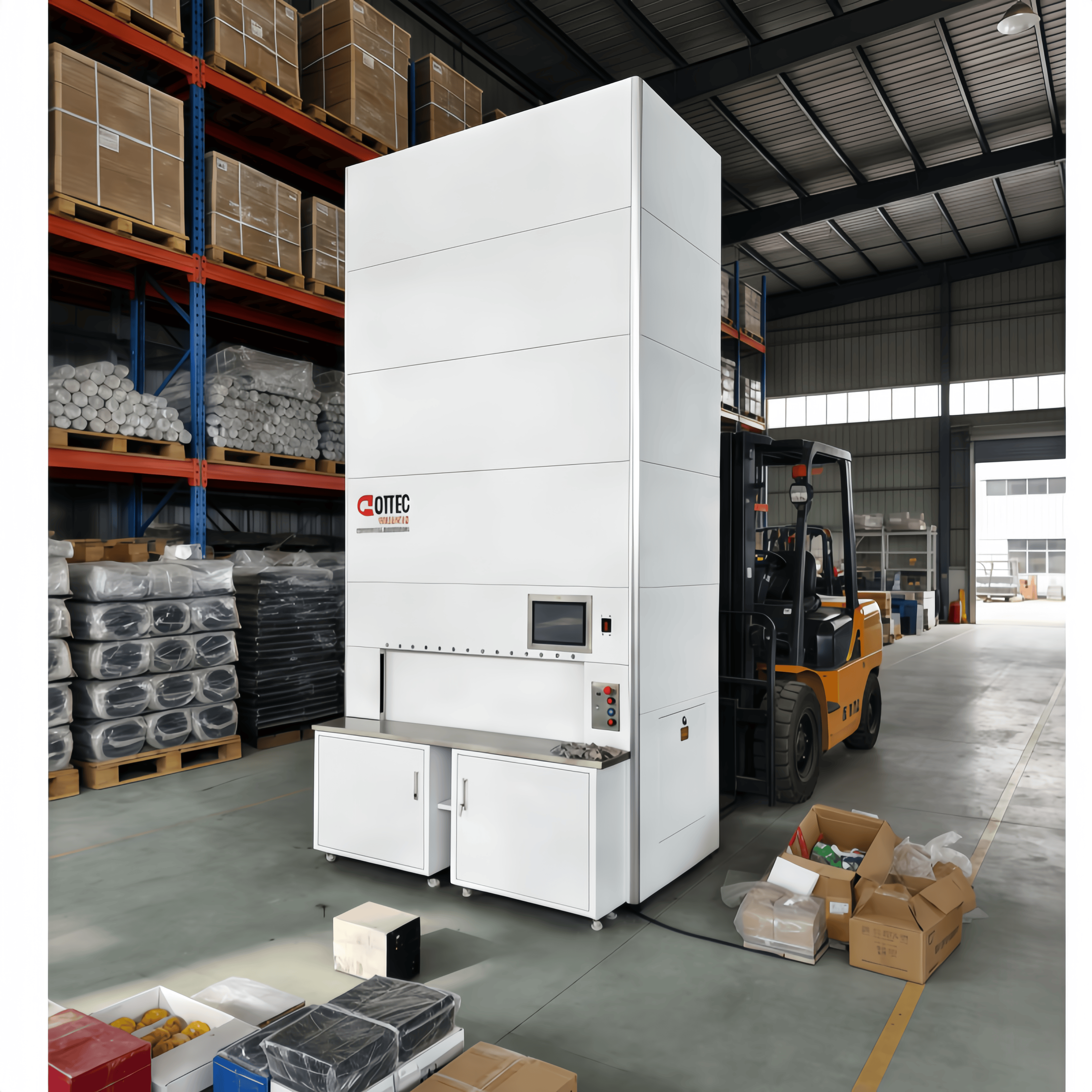 Sistema automatizado de armazenamento vertical tipo carrossel ASRS, estante giratória inteligente para armazenamento de peças industriais.
