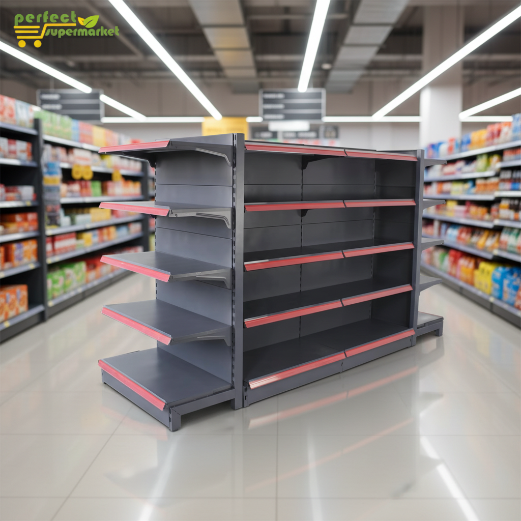 Prateleira metálica dupla face reforçada para supermercado PFT PFT-04 com revestimento em pó epóxi, prateleira sólida e ajustável (profundidade de 36 a 52 cm).