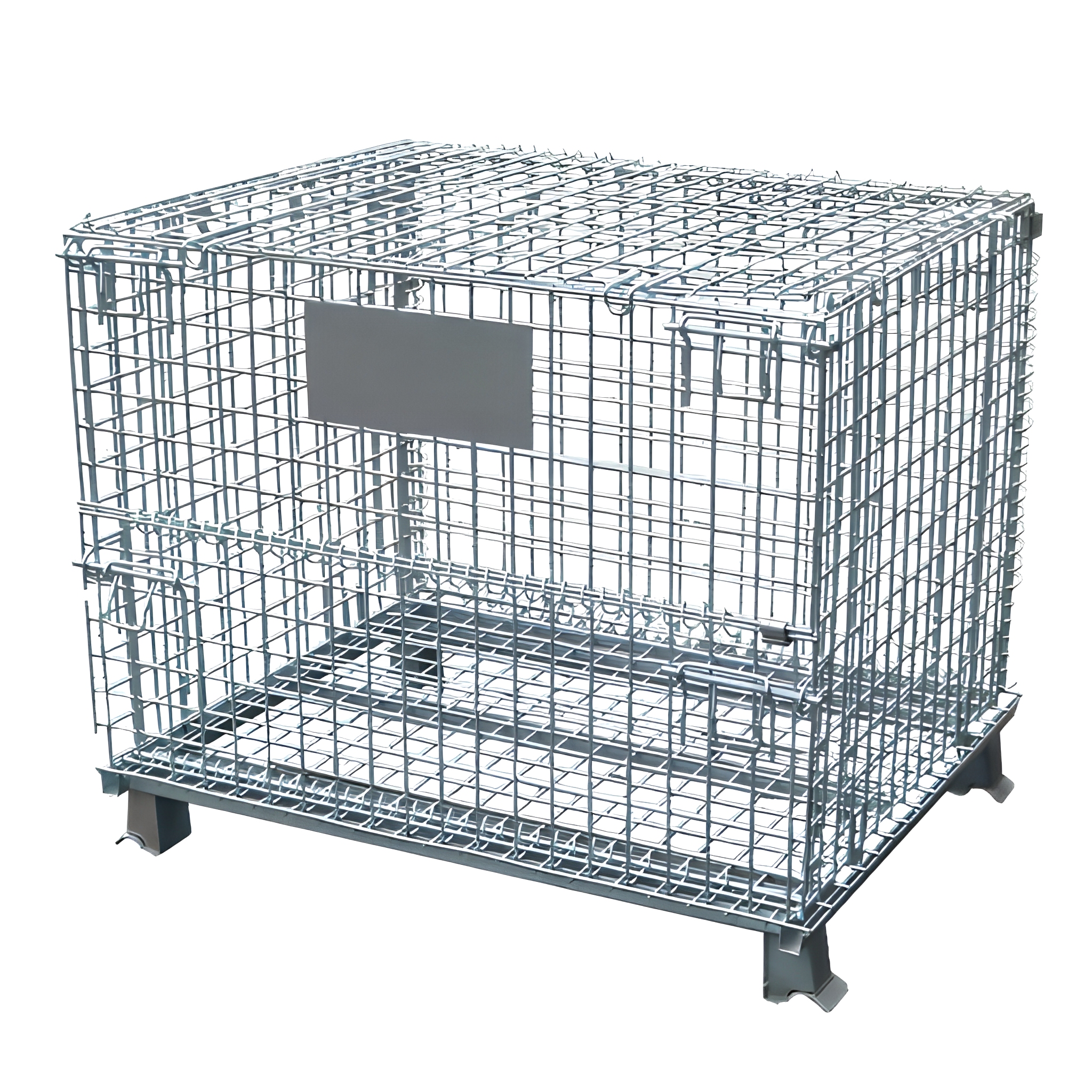 Contêineres de malha de arame galvanizado dobráveis, paletes de aço reforçado para transporte de carga e armazenamento em armazéns.
