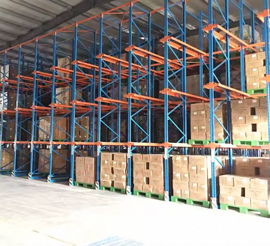 Estante porta-paletes ajustável de alta qualidade com passagem direta, sistema de estanteria industrial Drive-In para armazéns, estante dobrável de metal para armazenamento.