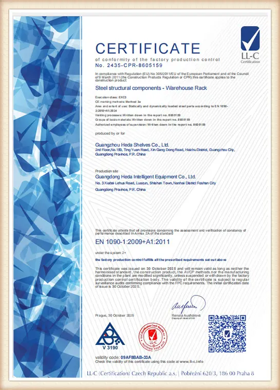 Certificado CE CPR 2435-CPR-8605159 HEDA Shelves