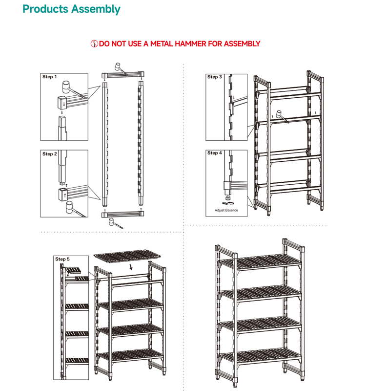 Estantes móveis de armazenamento de 4 níveis, com núcleo de aço e estrutura plástica de alta densidade, certificadas pela NSF e resistentes à ferrugem, para uso comercial e industrial. Capacidade de 250 kg.
