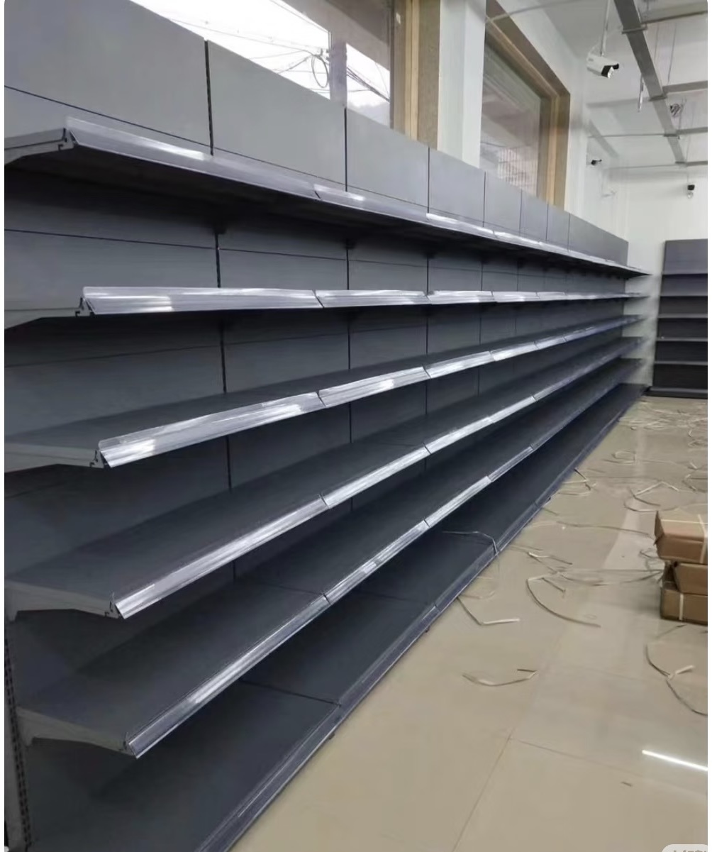 Prateleira traseira autoportante metálica reforçada PFT para supermercado, com revestimento em pó epóxi, 36-52 cm de profundidade, 60-120 cm de altura.