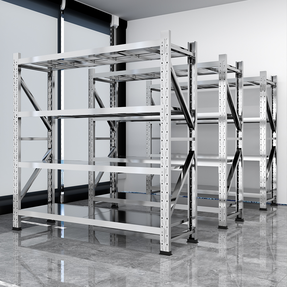 Prateleira industrial ajustável sem parafusos com capacidade de 200 kg, em aço inoxidável 304, para uso pesado em armazéns, com proteção contra corrosão.