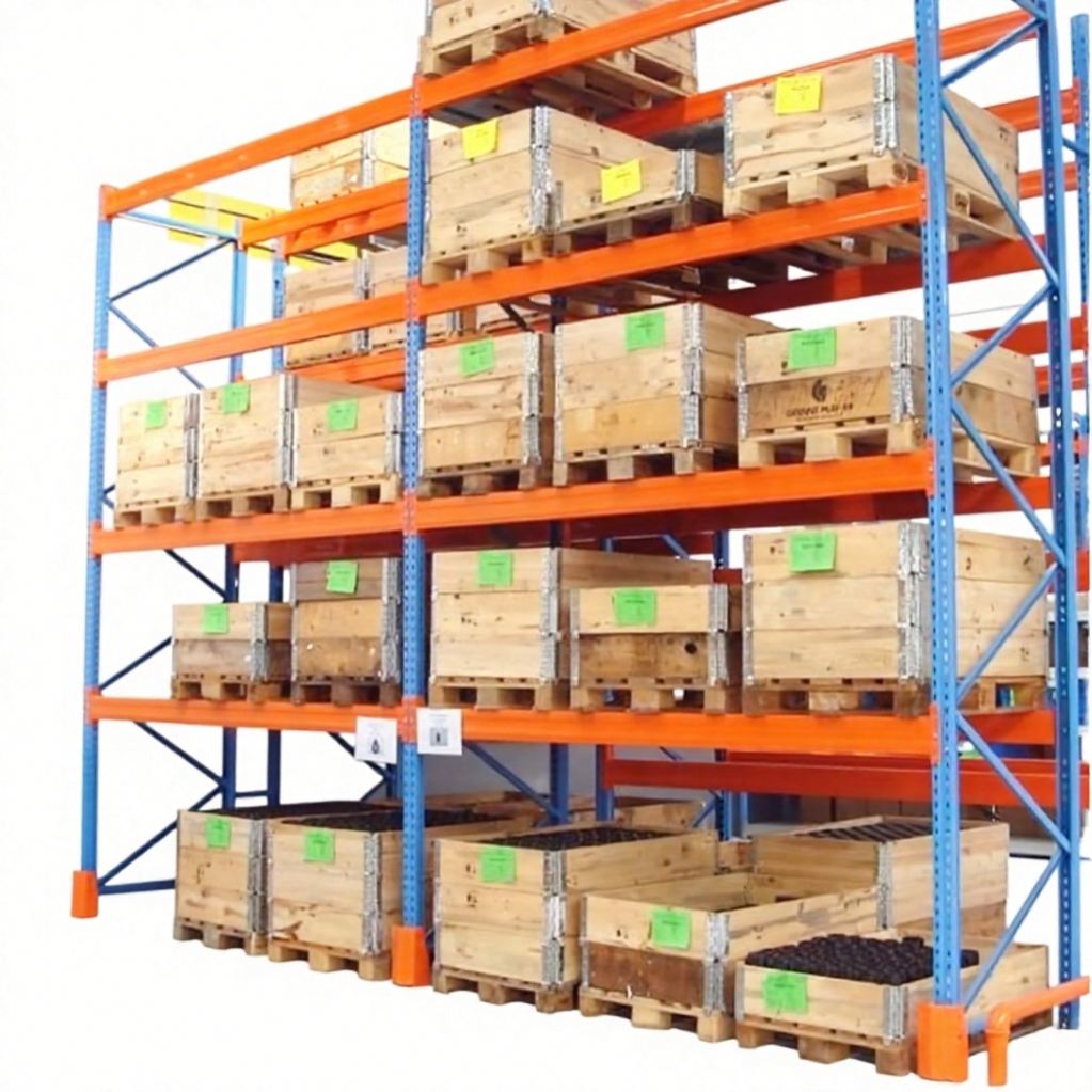 Sistema de estanteria para paletes em aço resistente, ajustável e durável, com capacidade de carga de 2500 kg para armazéns industriais.