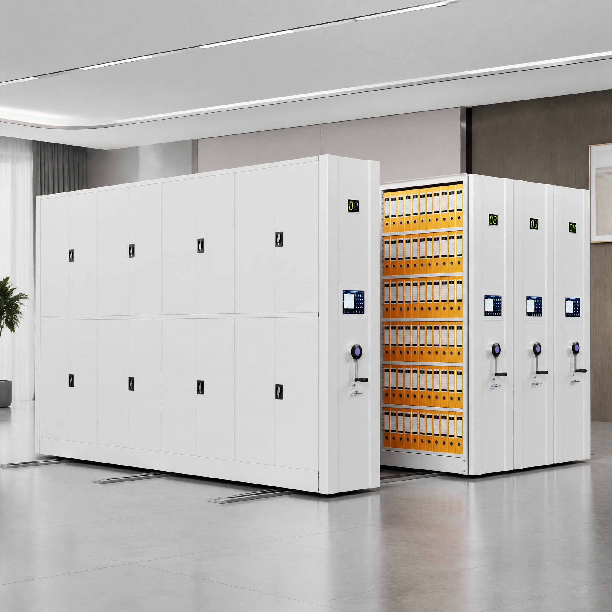 Sistema de estantes móveis de alta densidade personalizadas com controle inteligente, motorizadas, para armazéns industriais, paletes e oficinas escolares.