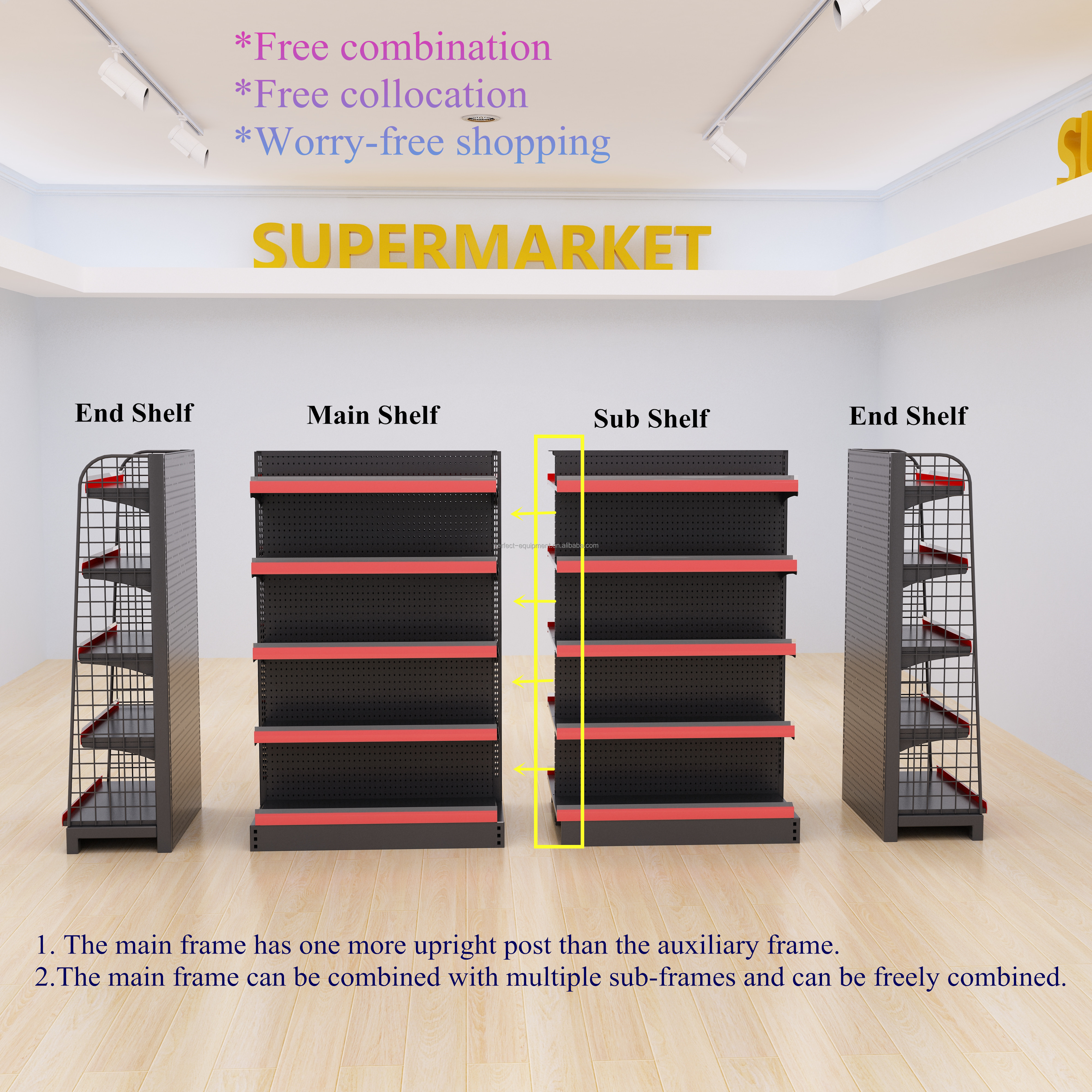 PFT PFT-04 Heavy Duty Double-Sided Metallic Supermarket Rack Epoxy Powder Coating Solid Shelf Adjustable Shelf (Depth 36-52cm)