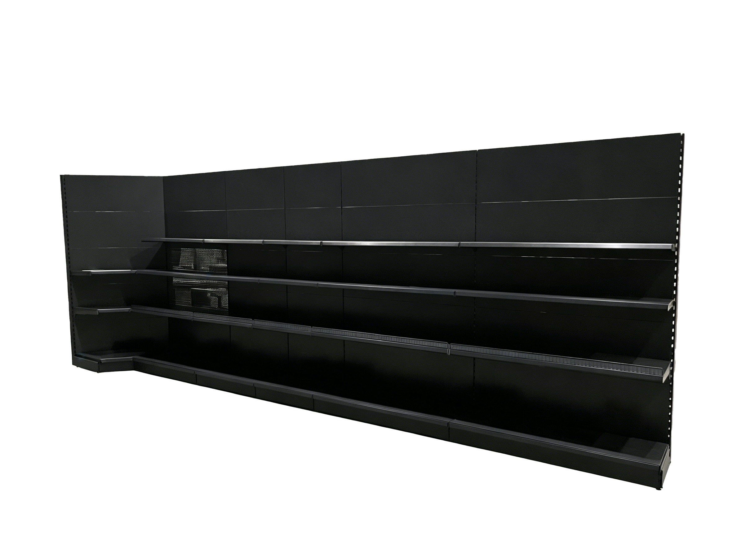 Prateleira de canto em L para ambientes internos, em metal e aço, ideal para exposição em lojas.