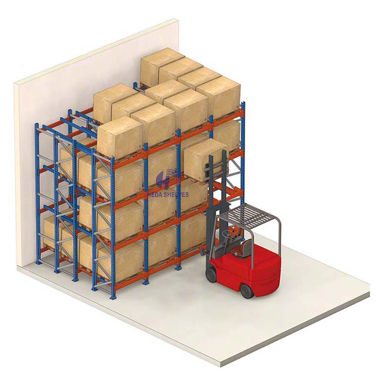 Sistema de estantes drive-in para armazenamento direto da fábrica, em aço reforçado, para armazéns.
