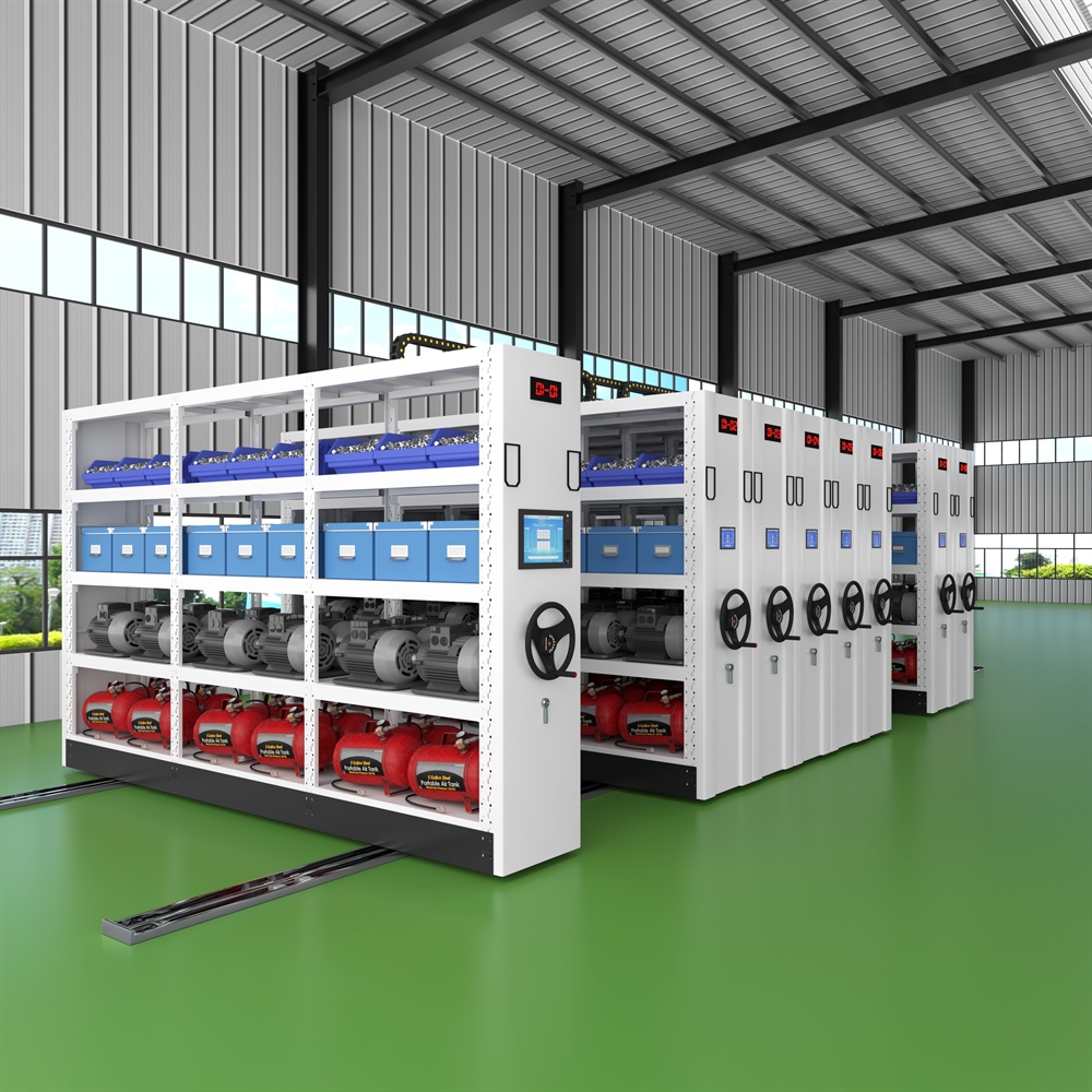 Estante de armazenamento inteligente e robusta em aço, com recursos móveis e de travamento. Equipamento de prateleiras industriais para armazém e oficina.