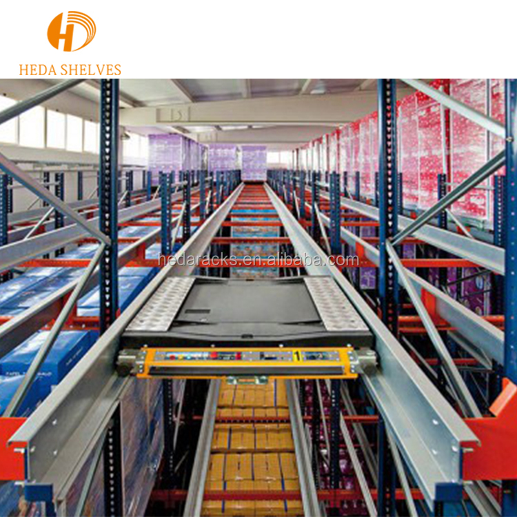 Sistema de estantes Shuttle Rack Shuttle Drive-in, estantes porta-paletes de dupla profundidade, sistema de estantes de aço para armazenamento com rodas.