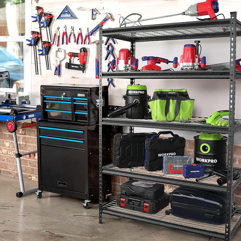 Estante metálica reforçada de 5 níveis, ajustável, para armazenamento em garagem, oficina ou armazém. Ideal para organização de lojas e armazéns.