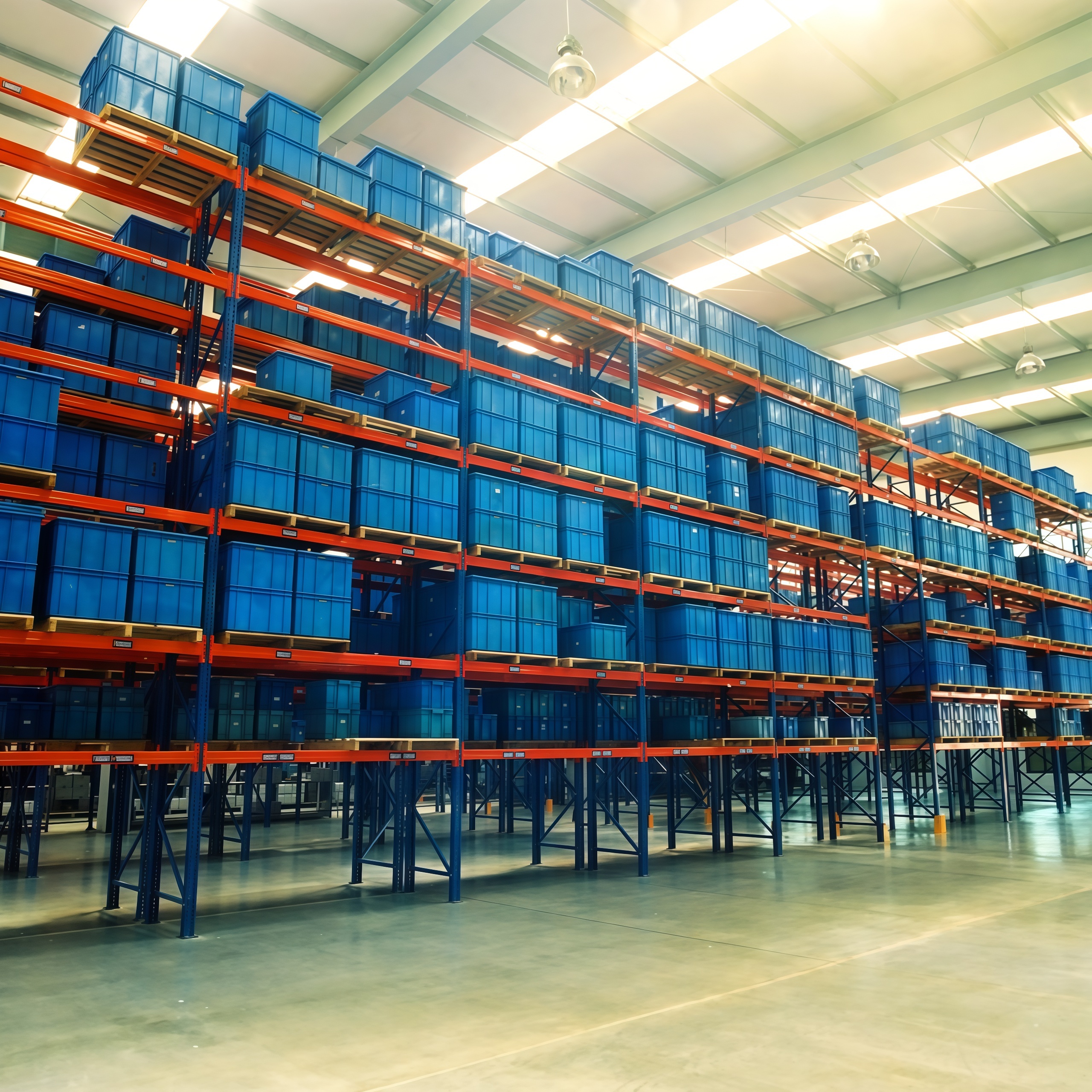 Estante metálica industrial reforçada com estrutura de parafusos e acabamento em pintura eletrostática a pó para armazenamento em armazéns.
