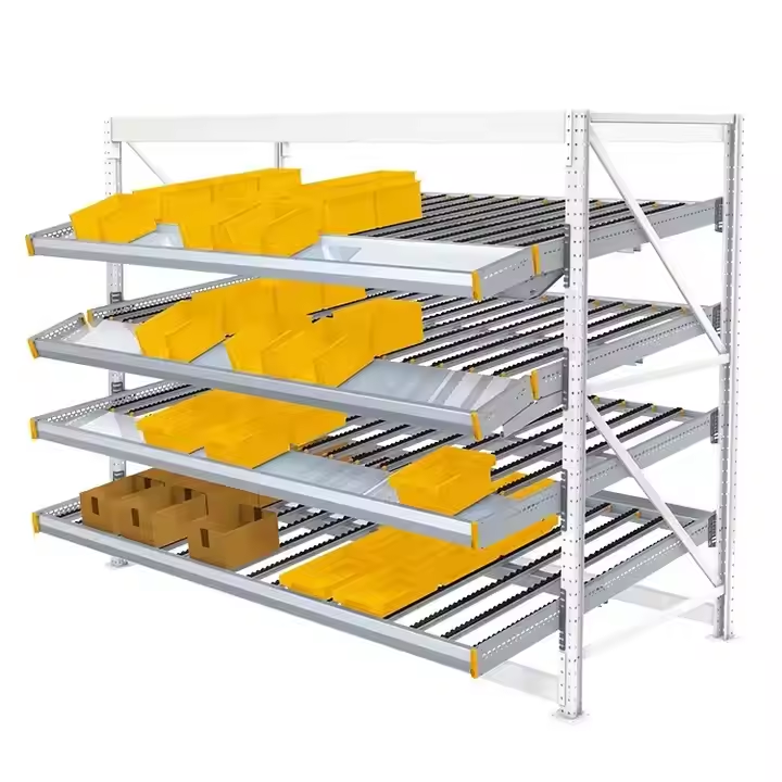Sistema de estantes de fluxo de caixas personalizáveis ​​Peterack com roletes para linhas de produção fabris.
