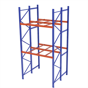 Sistema de estantes verticais estáveis ​​de três postes com 2 níveis, sem parafusos, em aço laminado a frio, com capacidade de 1000 a 3000 kg para armazém.