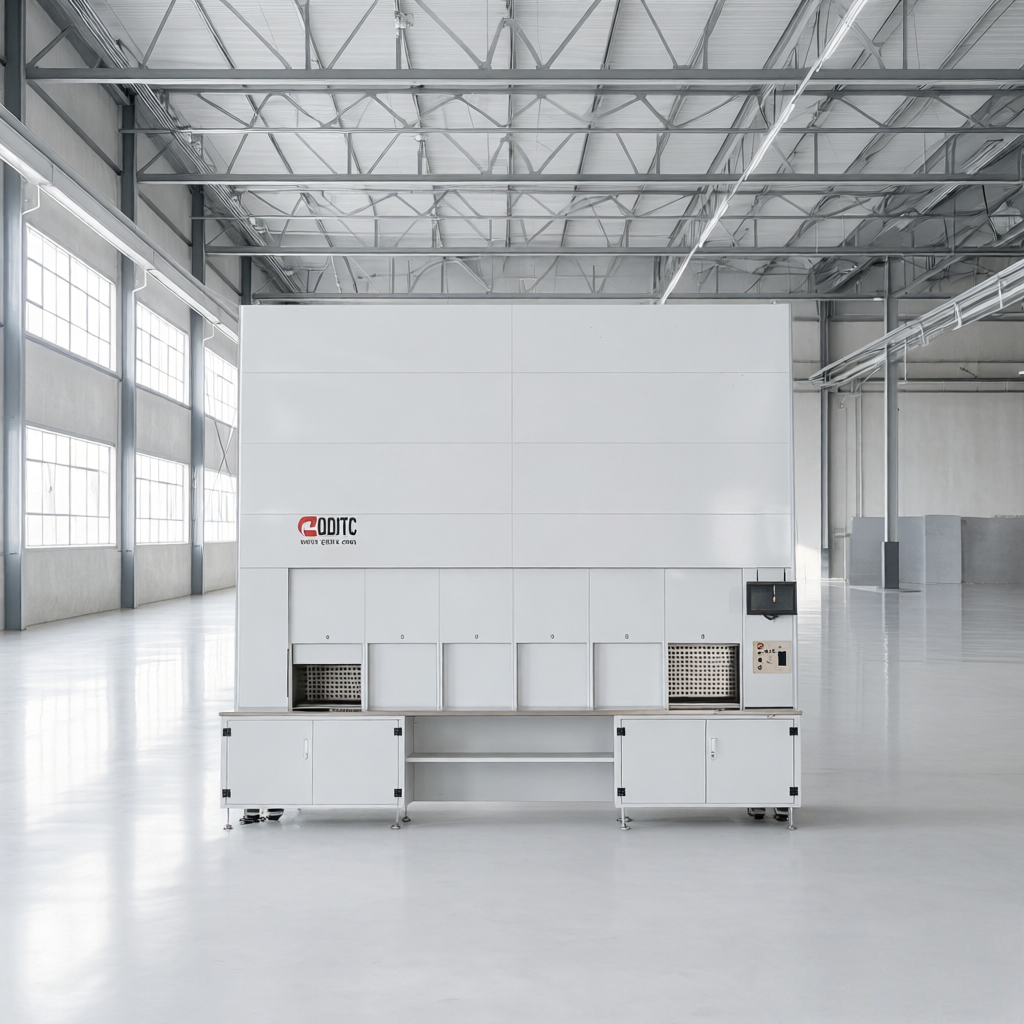 Sistema de armazenamento vertical tipo carrossel inteligente com capacidade de carga de 200 kg, ideal para soluções de armazenamento automatizado em armazéns industriais.