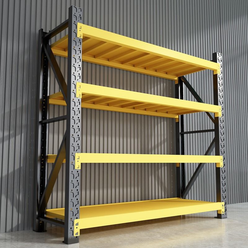 Sistema de estantes metálicas reforçadas de 4 a 5 níveis, sem parafusos, para armazenamento em garagens, armazéns e indústrias.