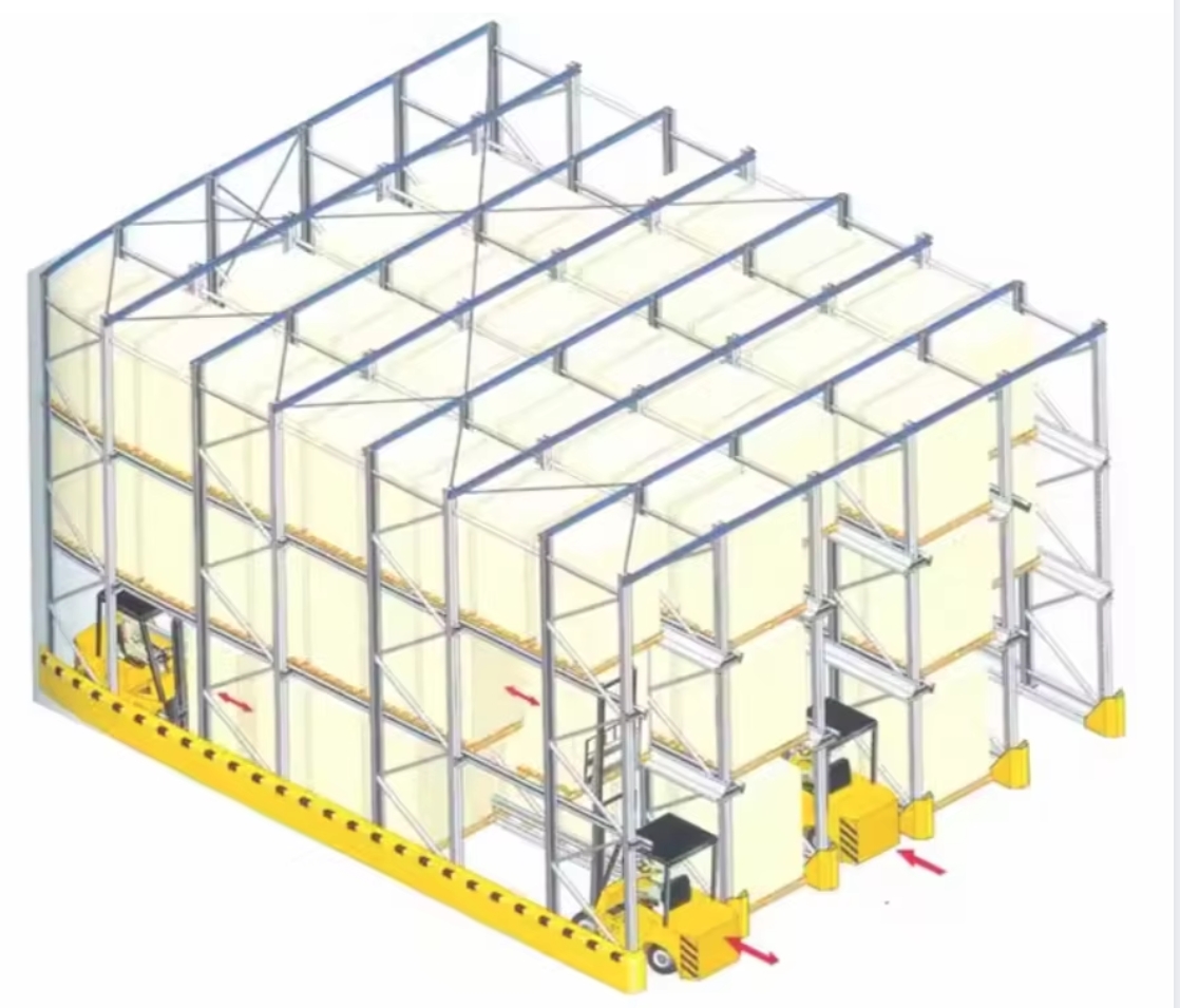 Venda direta da fábrica: Sistema de estantes drive-in de metal de alta densidade com 5 camadas para armazenamento em armazém. Estantes drive-in de ferro/metal.