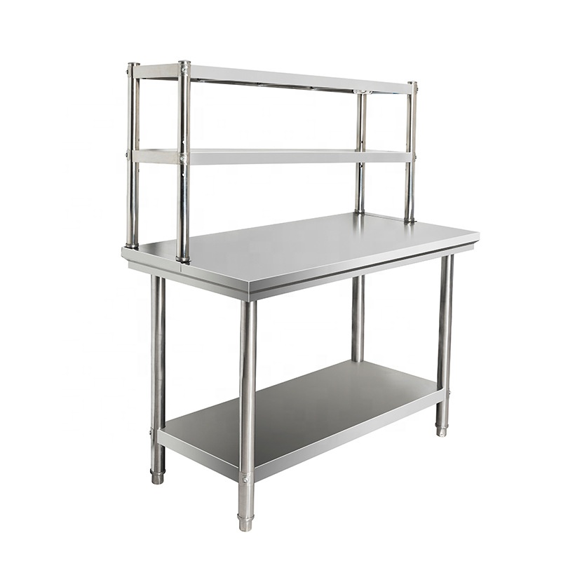 Mesa de preparação comercial longa em aço inoxidável 304 de qualidade alimentar com prateleiras para supermercados.