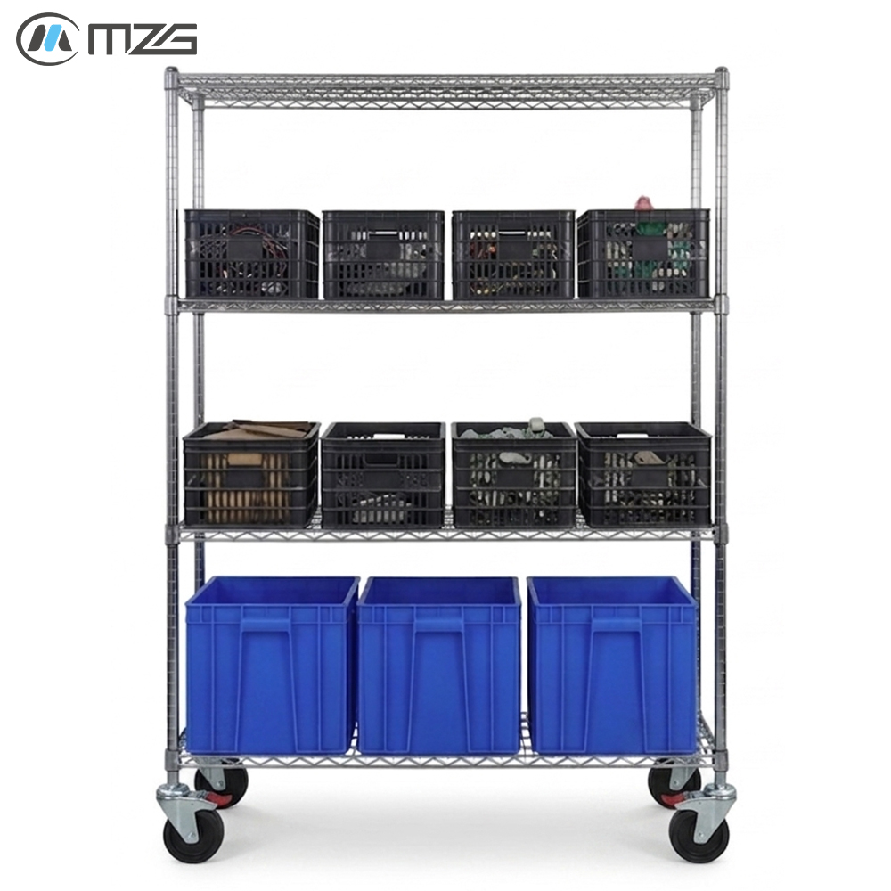 Organizador de armazenamento industrial MZG ODM para peças de armazém, em metal resistente, com sistema de prateleiras aramadas e rodas.