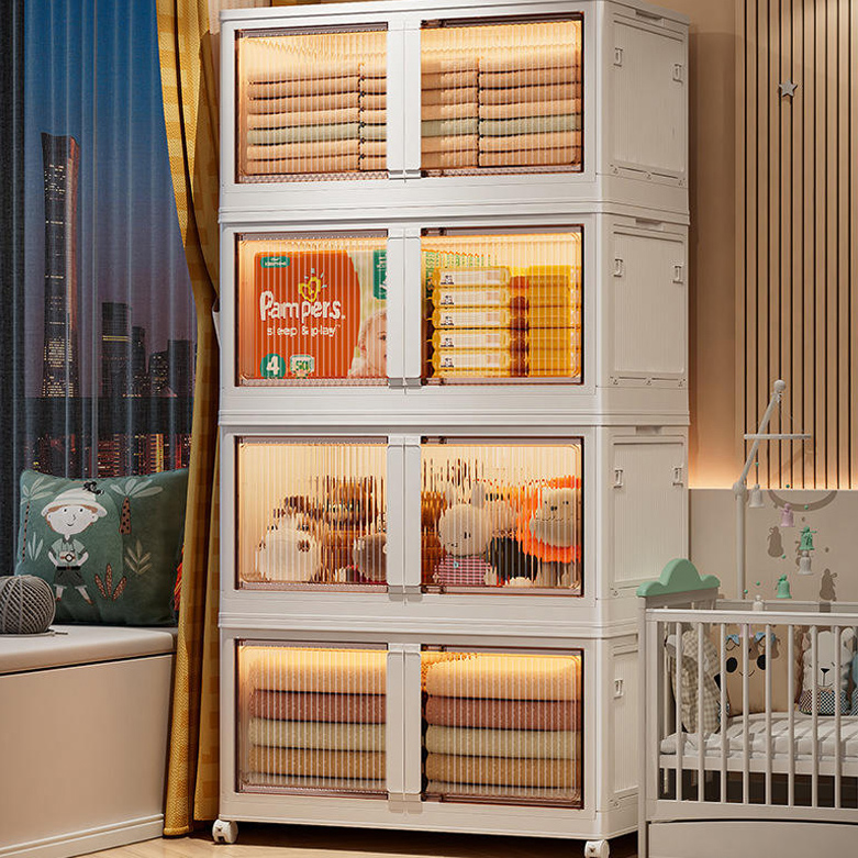 Organizador de gavetas dobrável em 4 cores, transparente, com rodinhas, para guardar roupas e brinquedos. Ideal para guardar roupas e brinquedos. Formato retangular.
