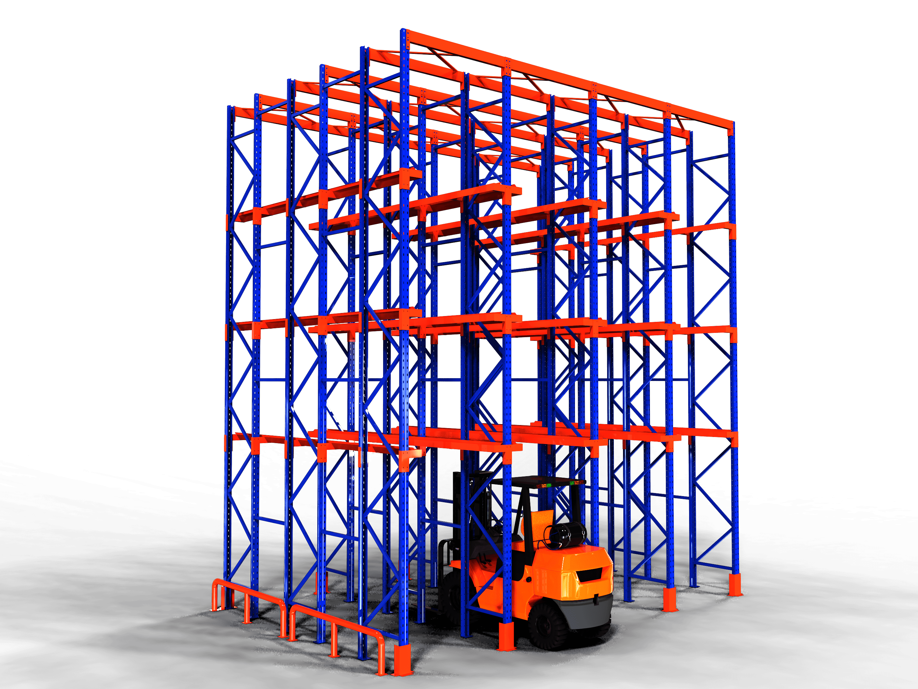 Sistema de estantes drive-in e shuttle para serviço pesado, com prateleiras móveis ajustáveis ​​em aço laminado a frio para armazéns. Construção reforçada.