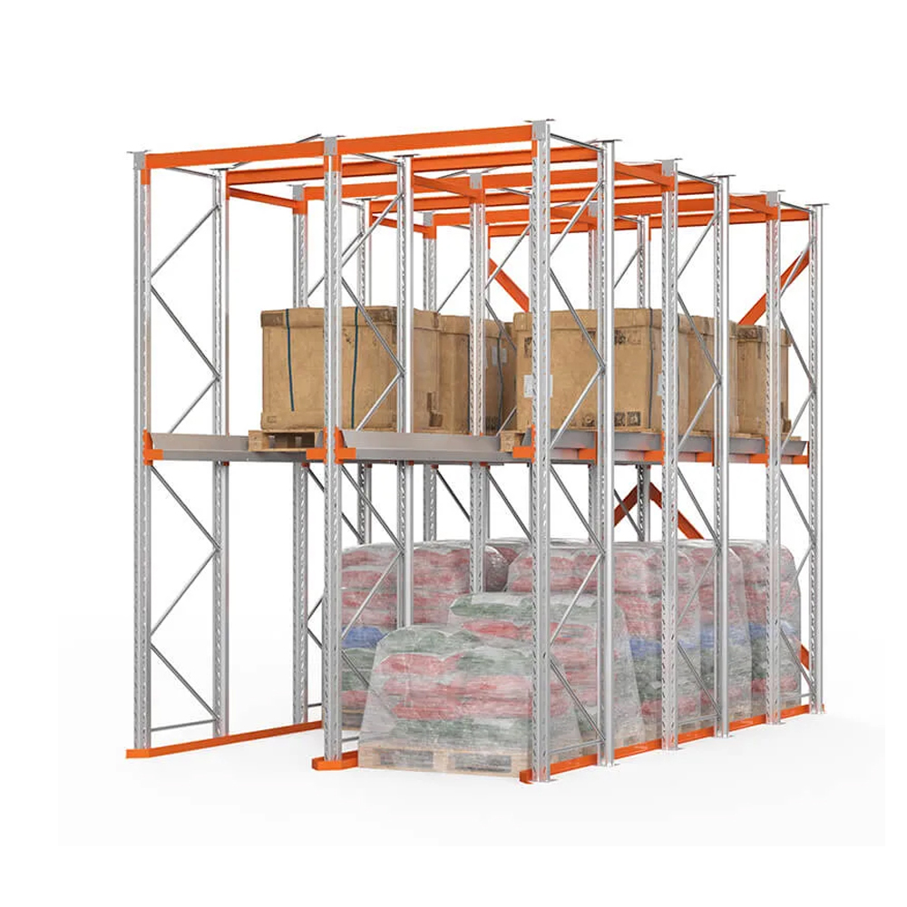 Sistema de estanteria drive-in para paletes, robusto e ideal para armazéns de alta densidade, otimizando o espaço.