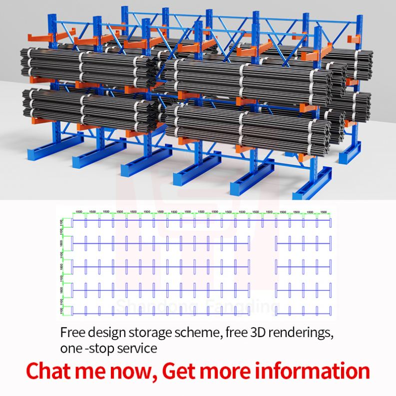 Sistema de estante cantilever resistente e durável, com 4 camadas de metal para armazenamento de tábuas e madeira, em armazéns com estrutura de tubos de aço.