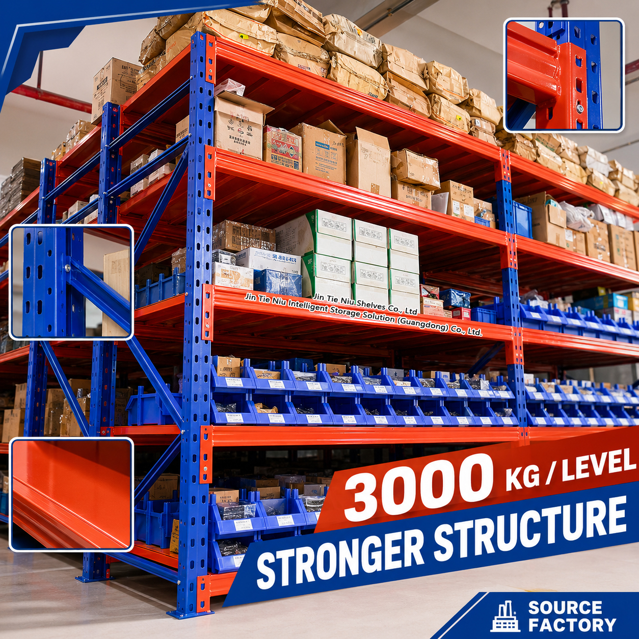 Sistema de estantes de armazenamento com plataforma de aço personalizada de 3000 kg para caixas plásticas e peças pequenas em armazéns.