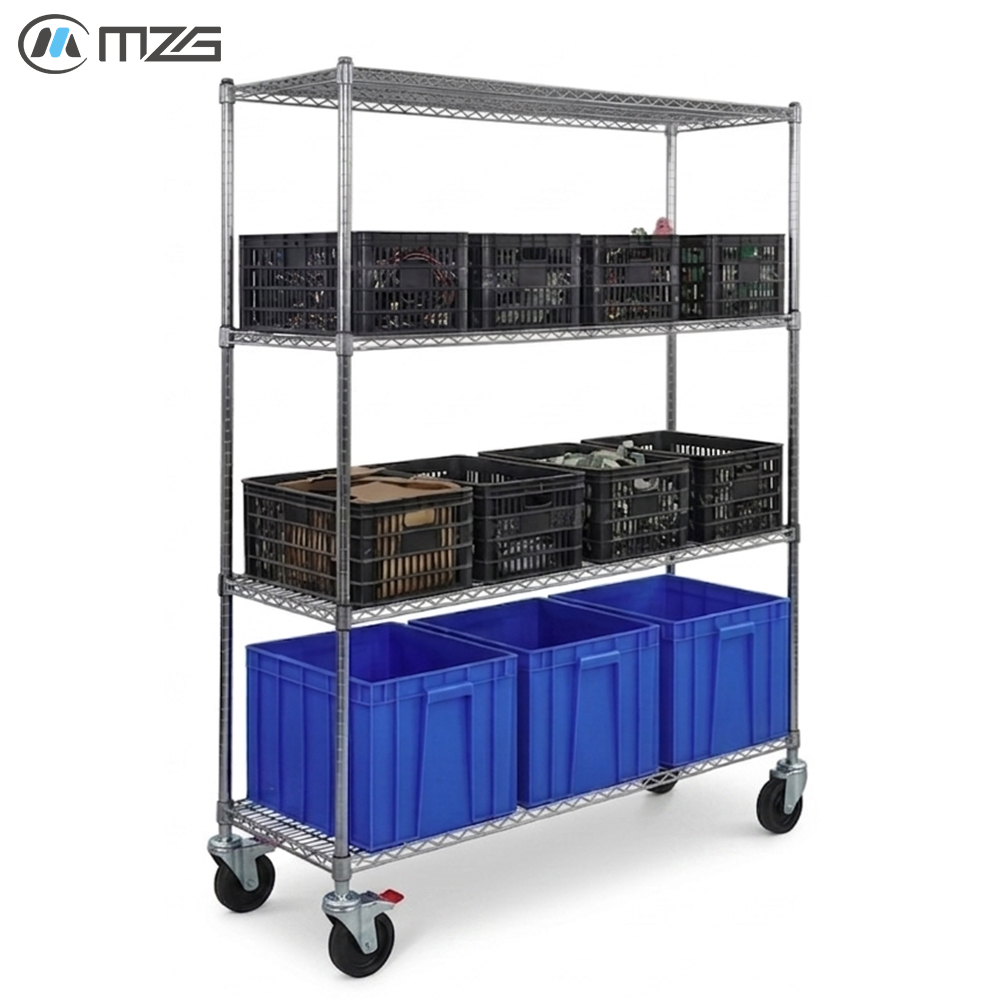 Organizador de armazenamento industrial MZG ODM para peças de armazém, em metal resistente, com sistema de prateleiras aramadas e rodas.