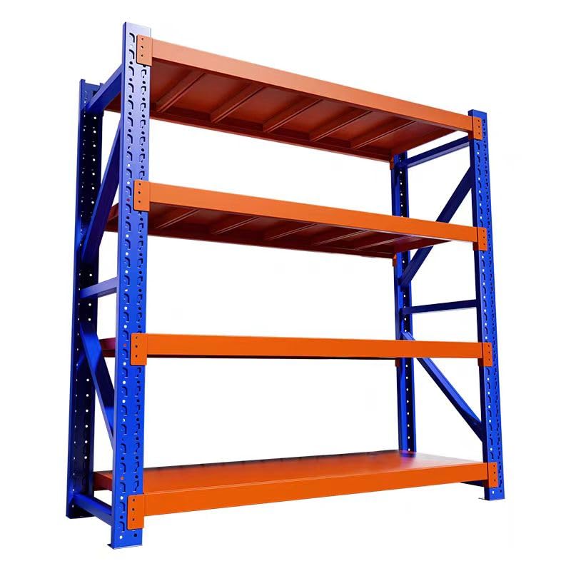 Sistema de estantes de aço reforçado, prateleiras industriais de alta resistência para manuseio de grandes volumes, armazenamento durável em metal.