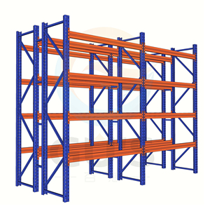 Sistema de estantes porta-paletes para armazém, estrutura industrial reforçada em metal, prateleiras para armazenamento e empilhamento de paletes.